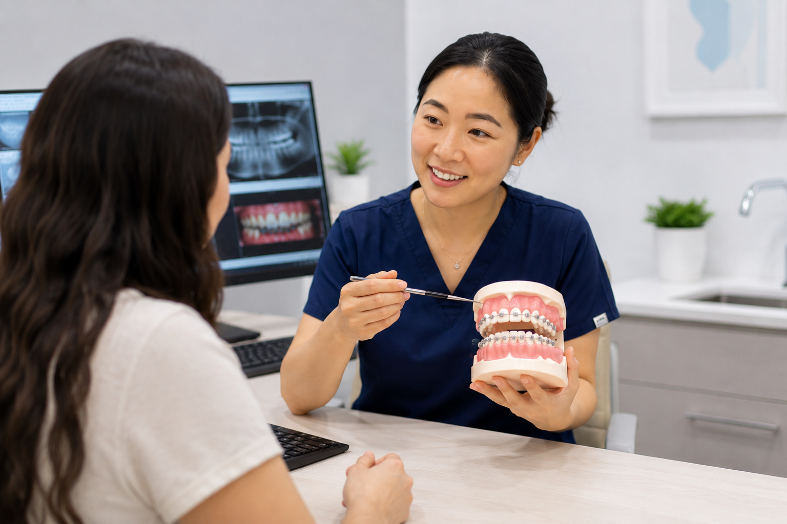 Ortodoncista evaluando tratamiento con brackets metálicos