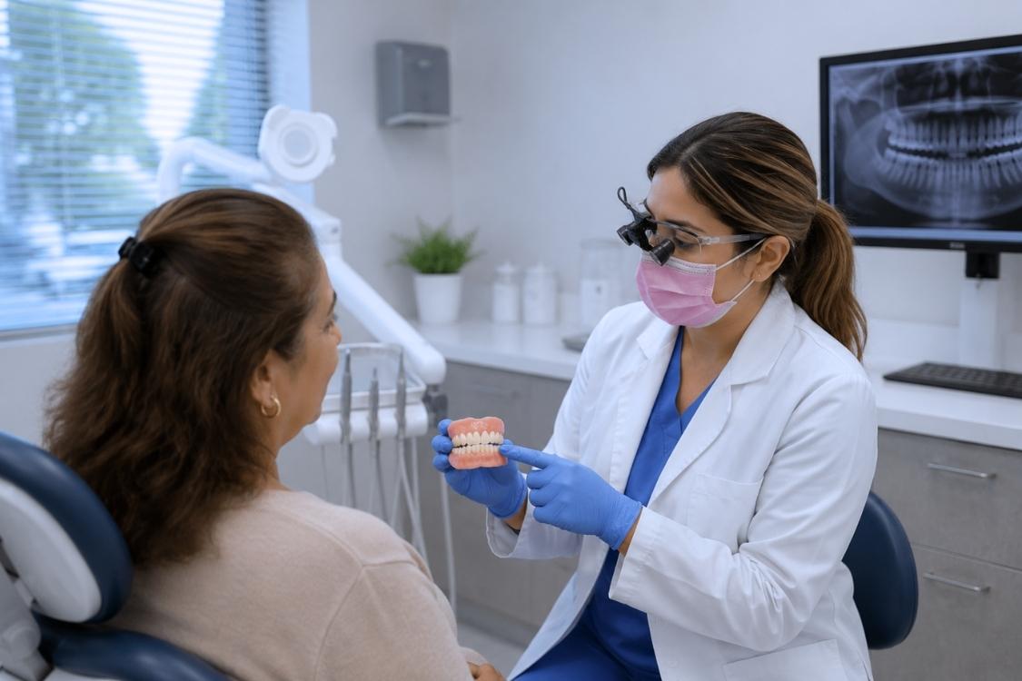 Paciente sonriendo en una silla dental azul durante una consulta de dentaduras en Top Dental