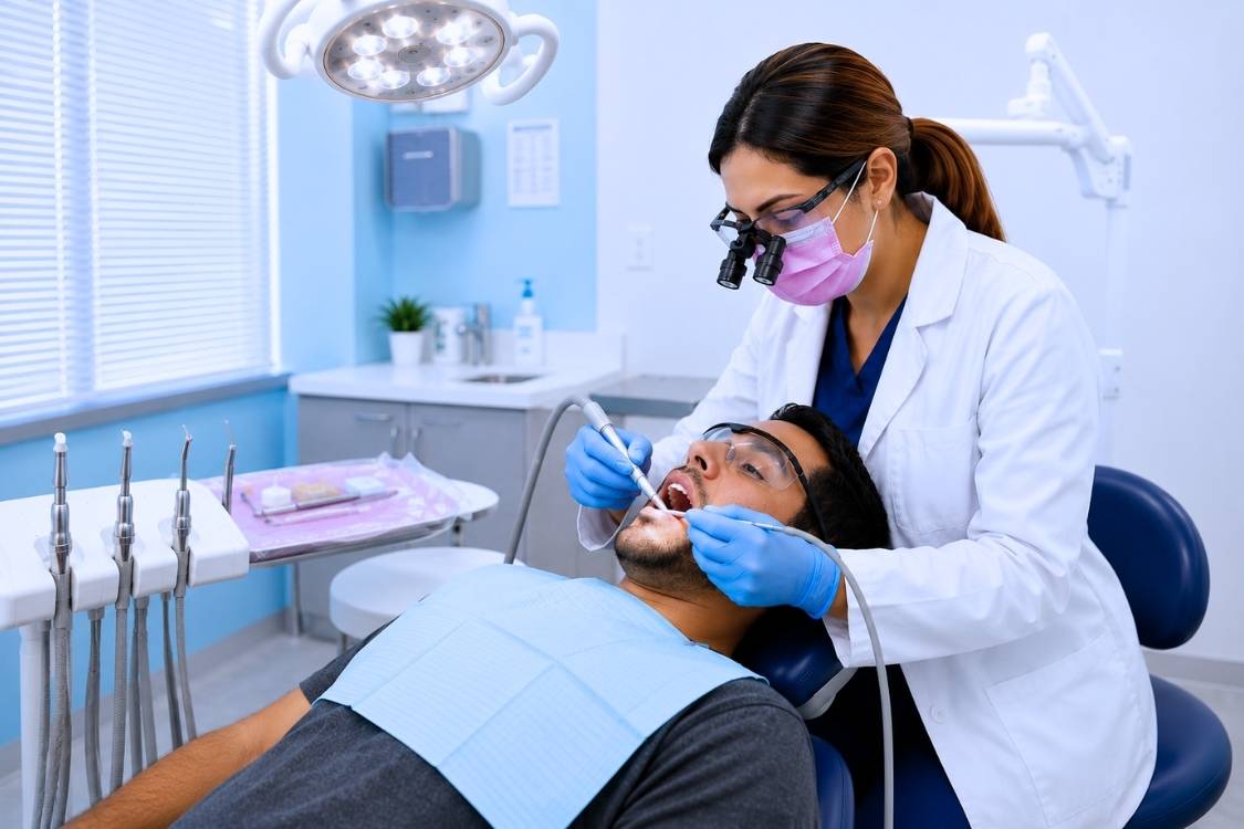 Doctora realizando un tratamiento de endodoncia a un paciente relajado en Top Dental