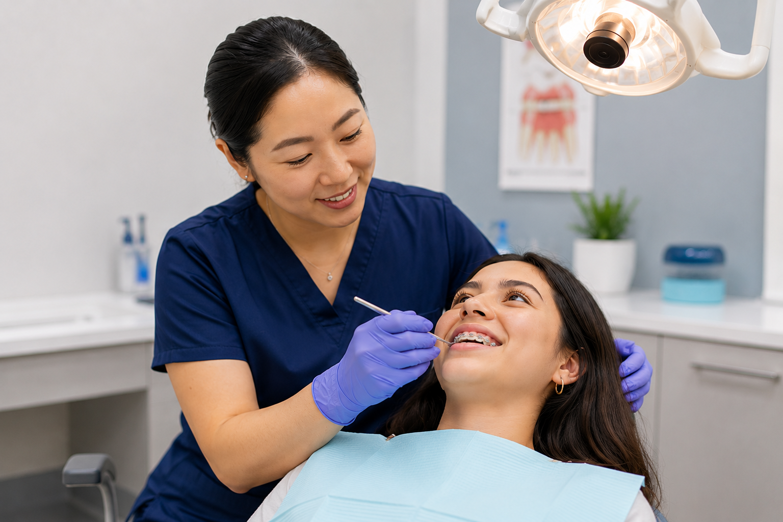 Top Dental orthodontist checking a patient with metal braces