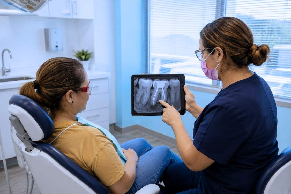 Dentist explaining a root canal X-ray during a retreatment consultation